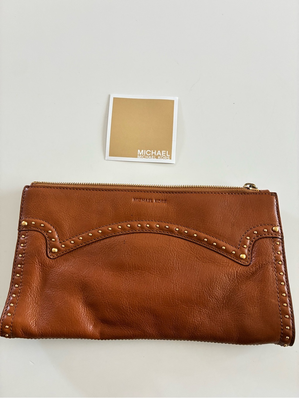 VTG Michael Kors Cognac Lamb Leather Western Scalloped Studded Zip Clutch-READ